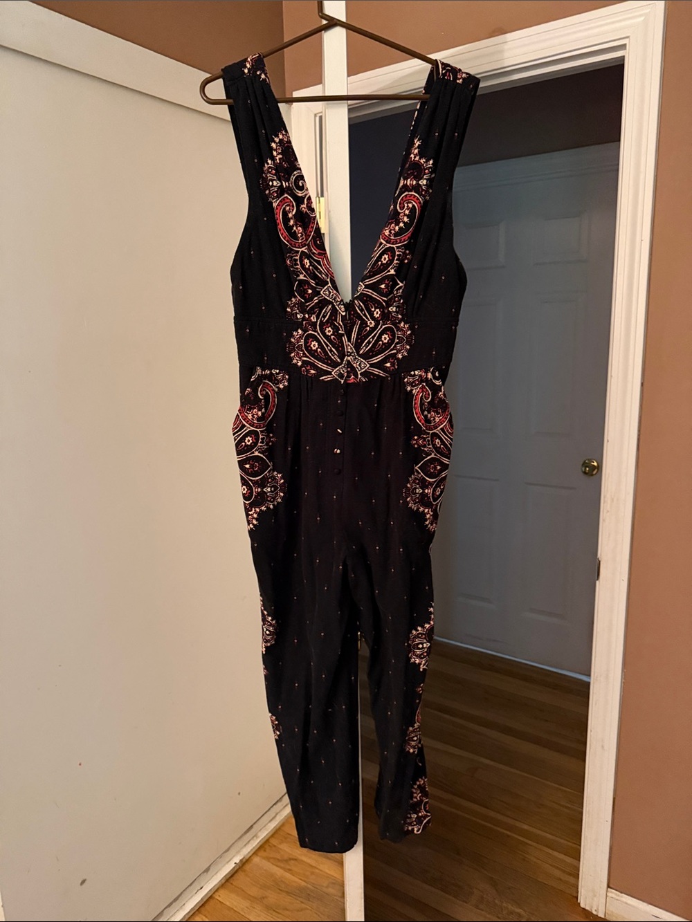 Free People Black Paisley-Embellished Deep V Jumpsuit